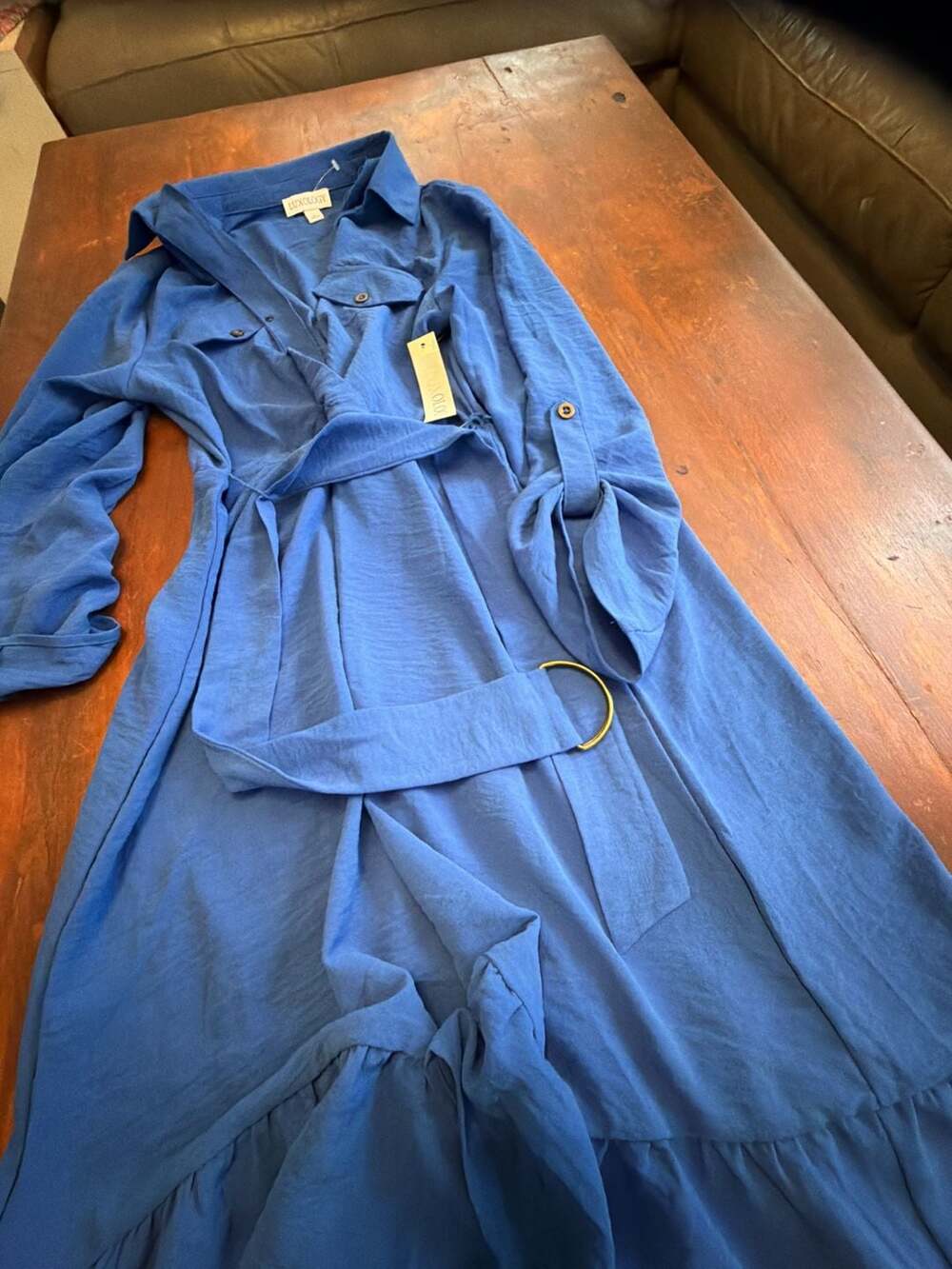Luxology Blue Long Sleeve Belted Ruffle Hem Shirt Dress Size L - Picture 5 of 6